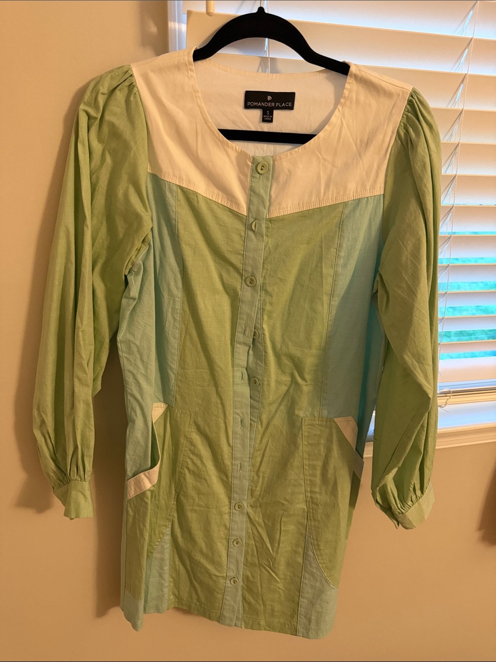 Pomander Place Light Green Tunic with White Yoke and Pocket Accents